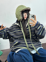 ストライプフリースワンサイドストリングアノラックニットスウェット 💙🩶🧡3COLOR