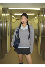 Collar Layered V-neck Long-Sleeved Knitwear