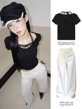 Black Layered Halterneck Strap Short Sleeve T-shirt