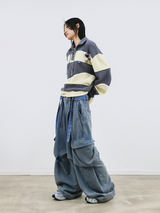 RELABEL (RE-MAKE) Double-Waist, Splashed-Ink, Washed, Distressed Ice-Blue Cargo Sweatpants