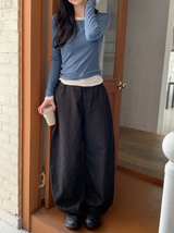 [S-3XL] ポケットステッチバルーンワイドデニムパンツ (3color)