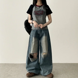 Andy Knee Damage Cutting Deep Washed Denim Wide Pants