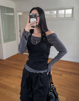 Ruffle see-through shirring drape long sleeve