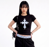 ストレッチ コットン スリム ショートスリーブ Tシャツ クロス ブラック