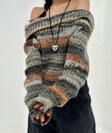 SNOWFLAKE COLOR-BLOCK BROWN OFF-SHOULDER LONG-SLEEVE KNIT