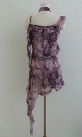 VINTAGE GRUNGE CHIFFON TAIL MINI DRESS WITH TIE SCARF SET