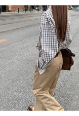 French checkered pocket loose fit long-sleeved shirt