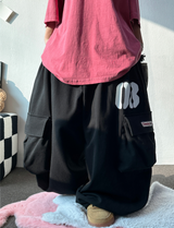 ナンバーリングパッチスウェットバルーンルーズワイドカーゴパンツ🩵🩶🖤 - 3 カラーズ