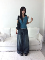 [SET] Resin Unbalanced Sleeveless One Shoulder Button Short Sleeve T-shirt