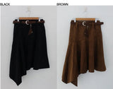 SUEDE UNBALANCE SKIRT WITH BELT SET (BROWN)