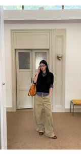 Khaki brown line wide cotton pants