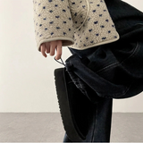 Foton waist banding side incision fleece denim wide pants