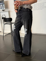 Destroyed flare denim pants(Black)