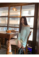 Mint off-shoulder lace long-sleeved see-through knitwear