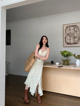 Slit shirring flower long sleeveless dress