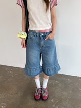 denim frill bermuda pants 