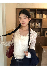 Lace shirring two-piece long-sleeved blouse T-shirt