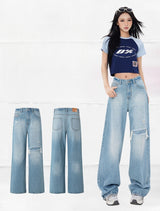 Vintage Frayed Distressed ワイドデニムパンツ