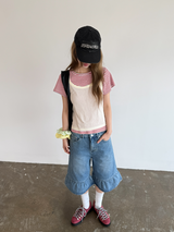 denim frill bermuda pants 