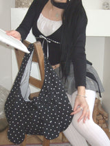 Bunny Ribbon Hobo Bag _ Black Polka Dot