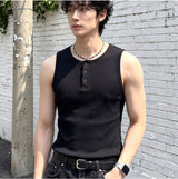 Ribbed Henley-Neck Sleeveless Top Black