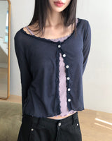 Peuang Lace Frill  See-Through V-Neck Long Sleeve Cardigan