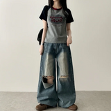 Andy Knee Damage Cutting Deep Washed Denim Wide Pants