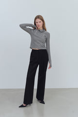 PINTUCK WIDE WOOL SLACKS PANTS - BLACK