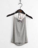 Leve Vintage Lace Ribbon Point Halter Strap Tank Top