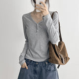 Stretchy* Riju Snap Henley Neck Ribbed Long Sleeve T-Shirt (4 colors)