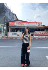 Lace Black Side Shirring Casual Pants