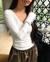 Tsuke Ribbed Button V-Neck Slim-Fit Long Sleeve Tee