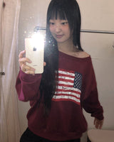 Murhit American Flag Printed One-Off Shoulder Long Sleeve Sweatshirt