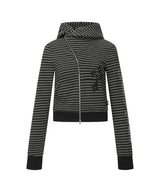 DIAGONAL PATCHED STRIPE HOODED ZIP-UP_CHARCOAL