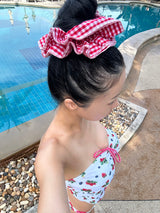 レッドチェッカーヘアシュートライプシュシュ
