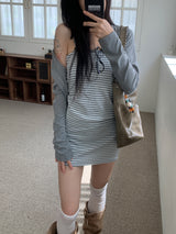 Light Hour Striped Sleeveless Dress & Silver Button Cardigan 2-piece Set (Gray)