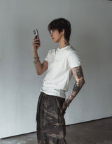 Rib shawl patch henley neck short sleeve t-shirt