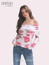 Pink rose off-shoulder long-sleeve top