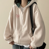 Check lining ribbon fleece hooded zip-up