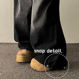 Flex waist string two-pin tuck snap wide denim pants
