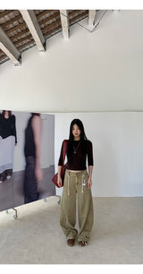 Khaki brown line wide cotton pants