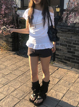 Libby Frill Shirring Off-Shoulder Short Sleeve T-Shirt