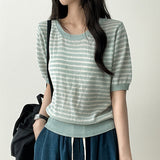 Lean-Linen カラーストライプダンガラ半袖ニット [Round Neck & V-Neck]