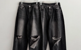 Andy Knee Damage Cutting Deep Washed Denim Wide Pants