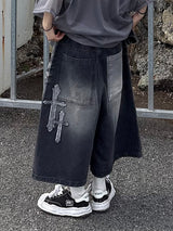 cross washing denim half pants