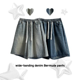 New Ring waistband vintage washed denim Bermuda shorts