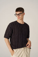 Cable Washing Short-Sleeved Knitwear - Navy