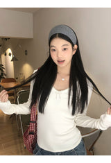 Pearl Bow V-neck V-neck V-neck Long Sleeve T-shirt