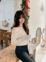 ドレープシースルーオフショルダーTシャツ(3color)