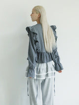 BUTTON CHECK FRILL BLOUSE(CHARCOAL)